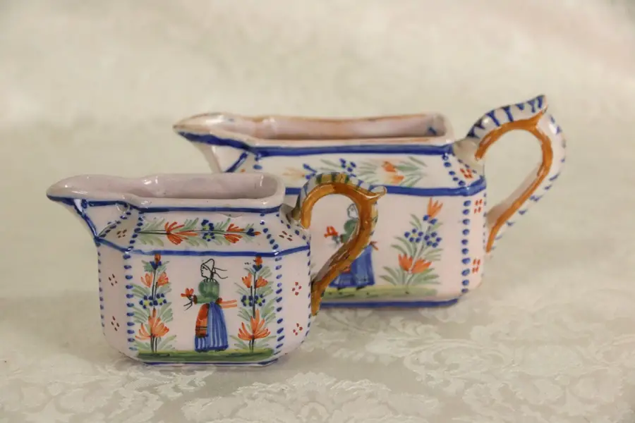 Photo of Quimper Signed Pair of Cream Pitchers, Hand Painted, Brittany, France