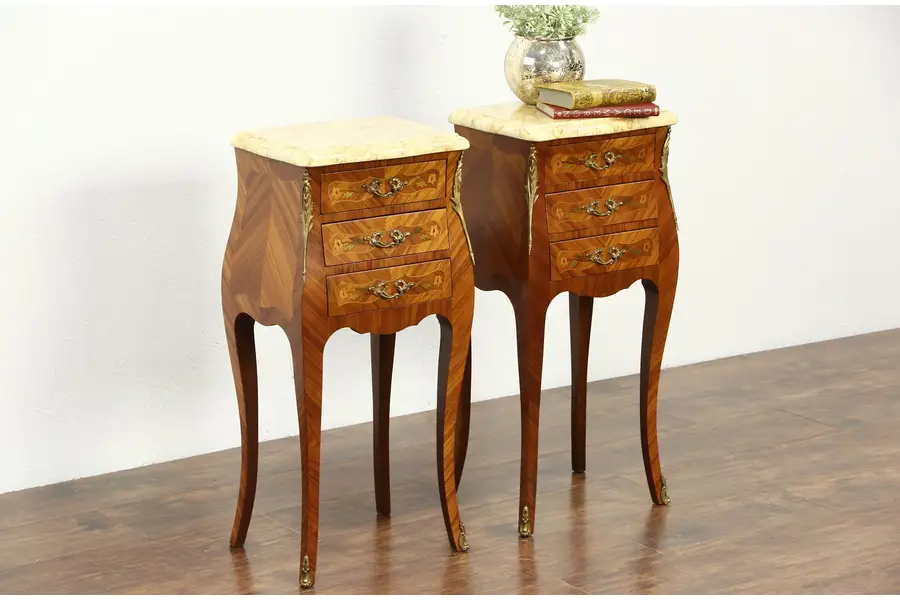 Photo of Pair French Marble & Marquetry Vintage Bombe Nightstands or End Tables, Signed