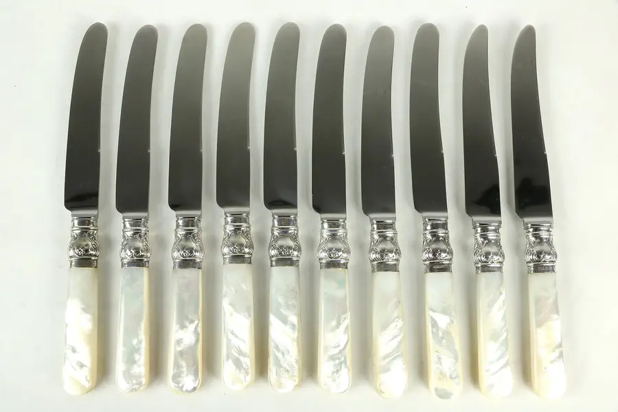 Photo of Set of 10 English Sheffield Signed Dinner Knives, Mother of Pearl Handles
