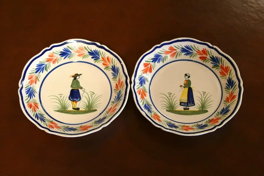 Photo of Quimper Pottery Hand Painted Pair of Soup Plates