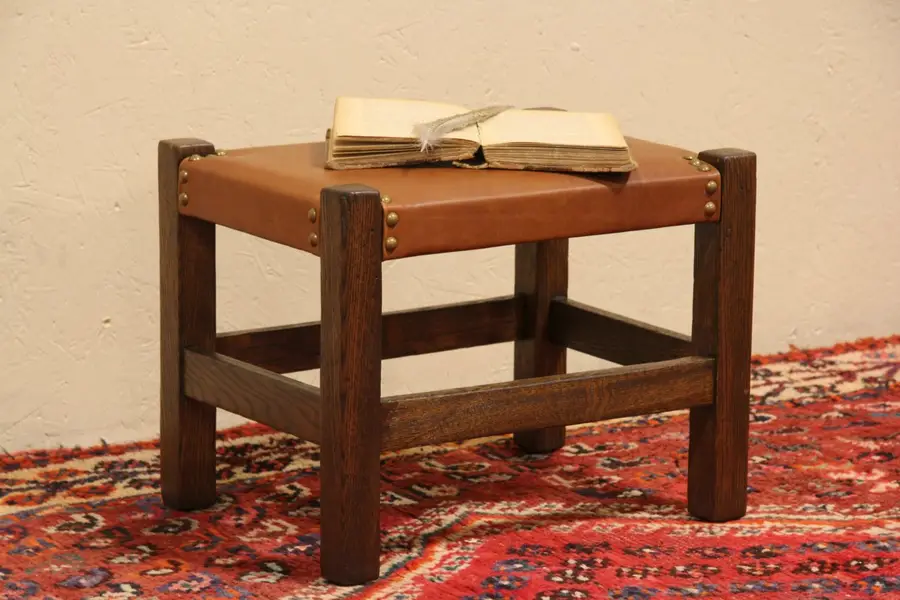 Photo of Arts & Crafts Mission Oak Saddle Leather Footstool