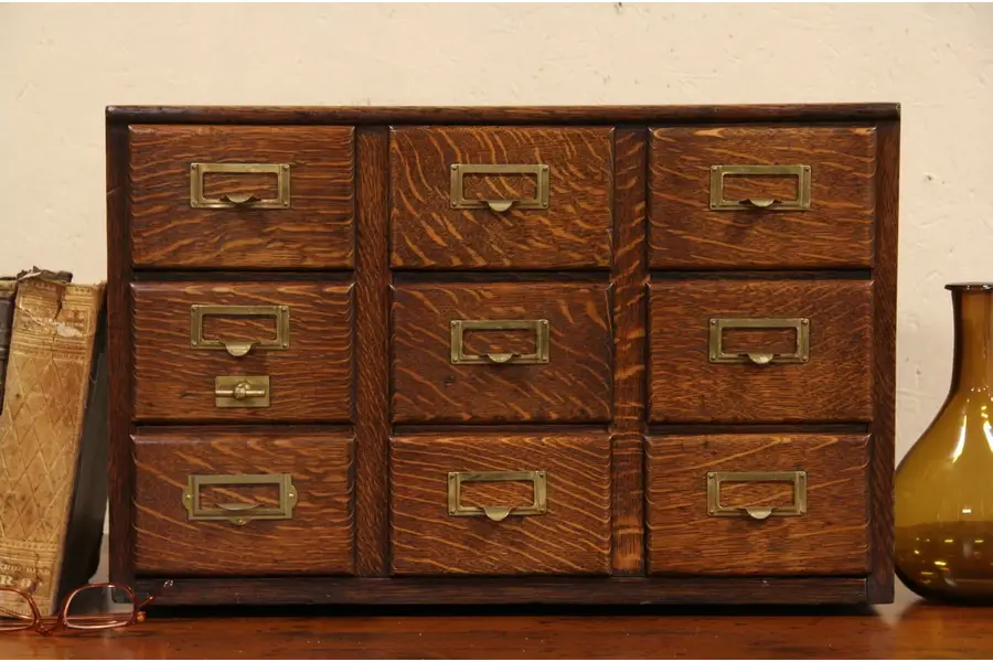 Table Top Card File Chest Oak 9 Drawer 1910 Antique Card File