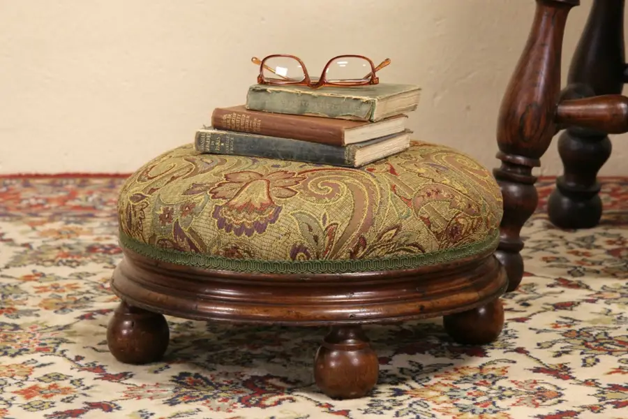 Photo of Victorian Round 1860's Antique Footstool, Newly Upholstered