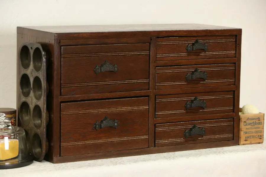 Photo of Oak 1890 Antique Desktop File, Collector or Jewelry Cabinet, 6 Drawers