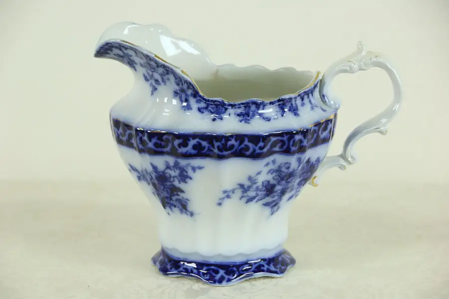 Photo of Flow Blue 1880's Antique Touraine 8" Tall Pitcher, Stanley of England