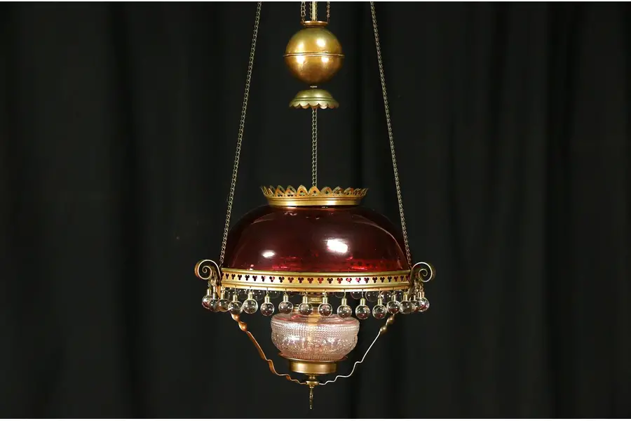 Photo of Victorian 1880 Antique Hanging Light Kerosene Lamp, Cranberry Shade, Ball Prisms