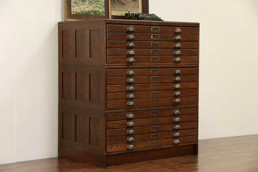 Photo of Oak Vintage Stacking Map Chest, Document or Art Drawing File Cabinet, Signed