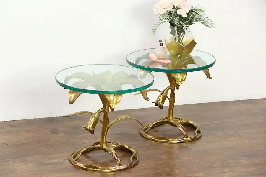 Photo of Arthur Court Lilly Table Pair, Gilded Hollywood Regency 1960 Vintage, Glass Tops