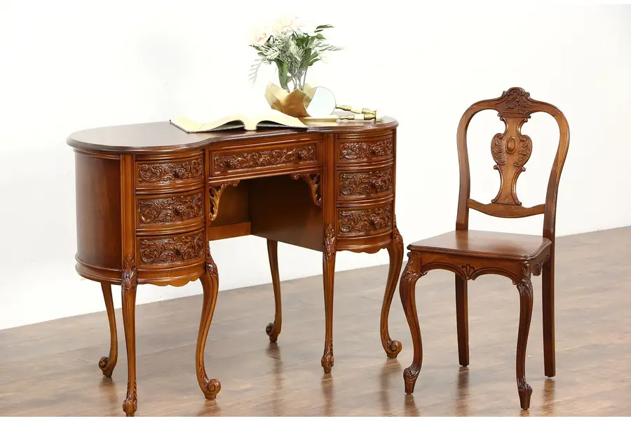 Photo of Kidney Shape 1940's Vintage Writing Desk & Chair Set, Carved Walnut