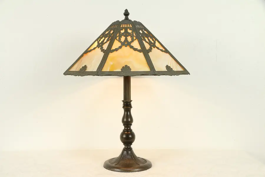 Photo of Octagonal Filigree Stained Glass Shade Antique Lamp