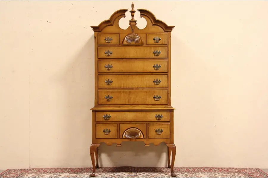 Photo of Curly or Tiger Maple 1940's Vintage Highboy or Tall Chest on Chest