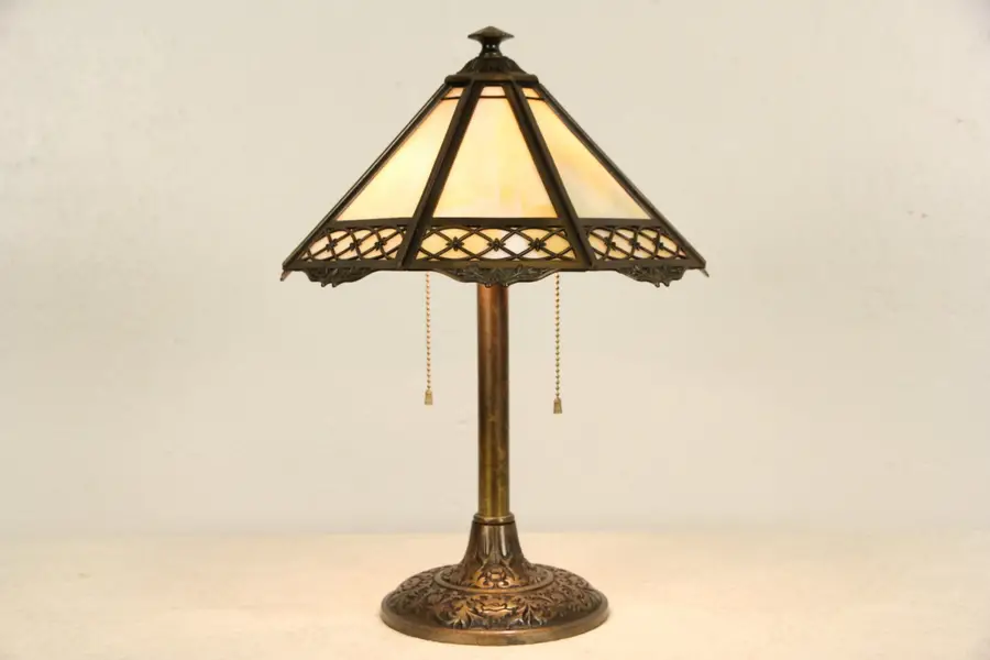 Photo of Bradley & Hubbard Signed 1915 Antique Table Lamp, Stained Glass Shade
