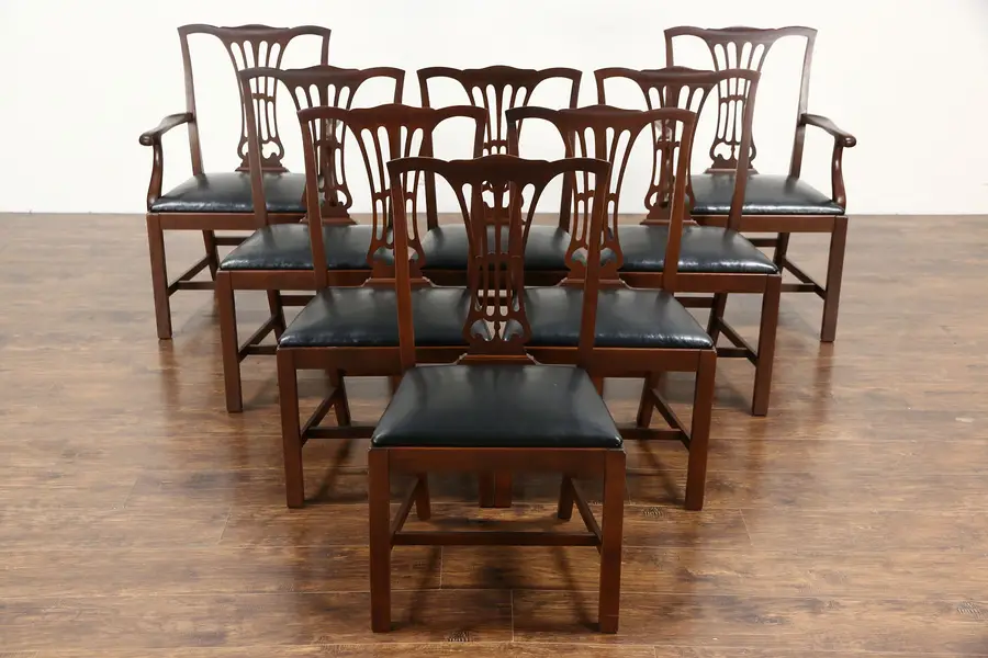 Photo of Set of 8 Georgian Vintage Mahogany Chairs, Black Leather, Unsigned Kittinger