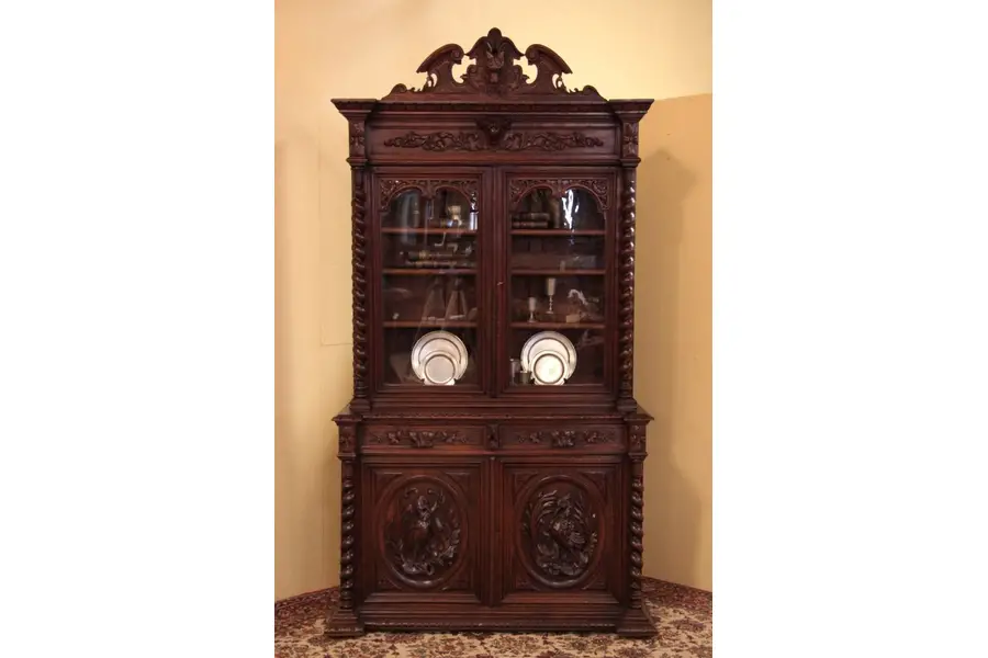 Photo of Black Forest Antique Oak Hunt Cabinet or Bookcase