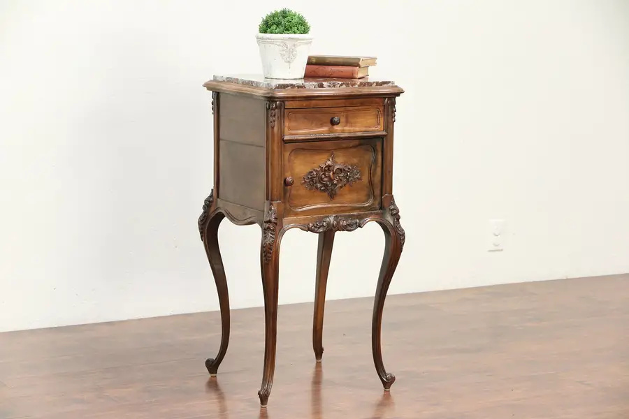 Photo of French Carved Walnut 1900 Antique Nightstand, Marble Top, Signed Bastal