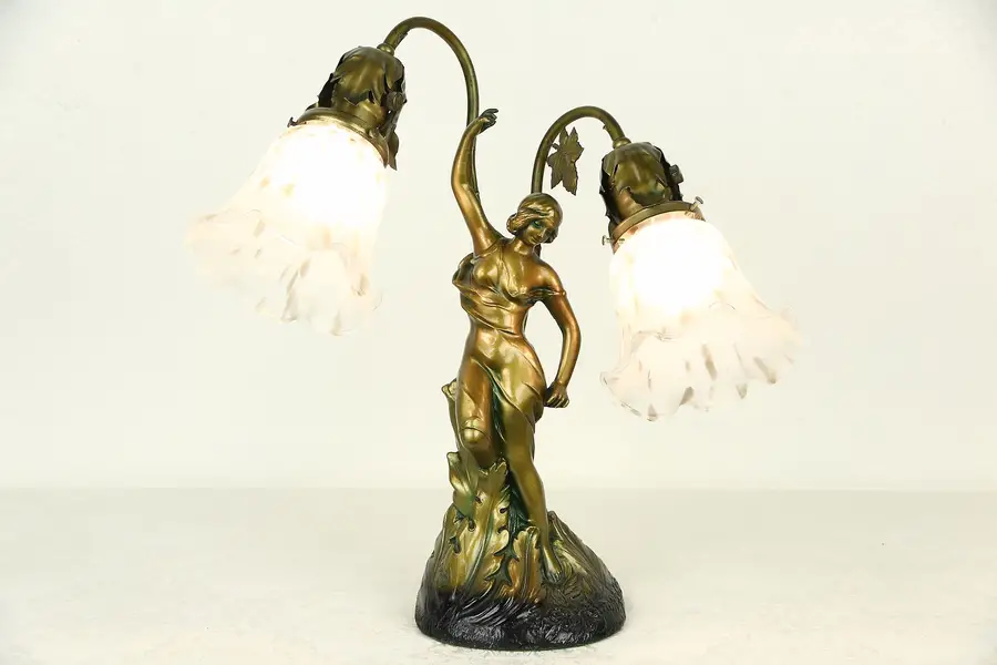 Photo of Figural Vintage Lamp with Oak Leaves, Art Glass Shades