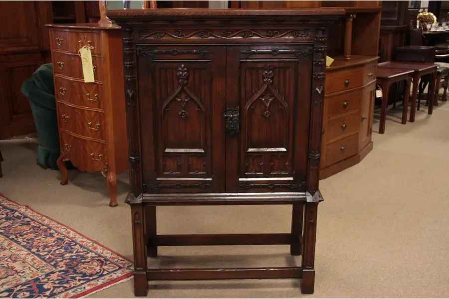 Photo of Gothic Carved Oak Cabinet or Bar circa 1920
