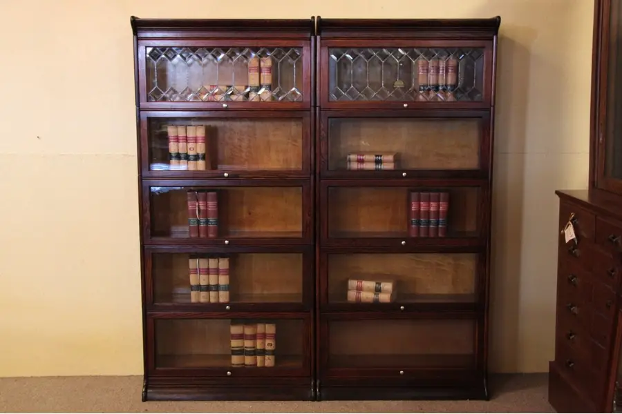 Photo of Pair of Stacking Oak Lawyer's Bookcases Leaded Glass