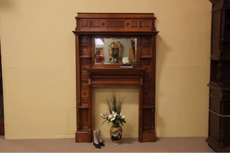 Photo of Victorian Eastlake Oak Fireplace Mantel & Mirror