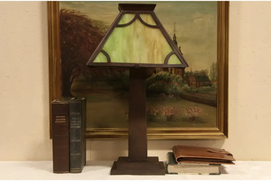 Photo of Arts & Crafts 1900 Antique Gas Stained Glass Table Lamp