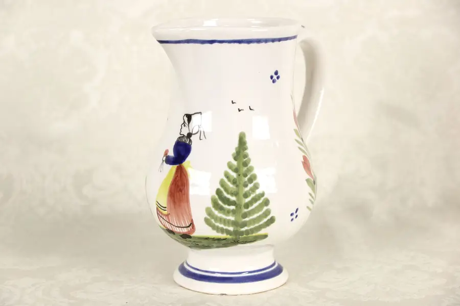 Photo of Quimper Footed Pitcher, Hand Painted, Signed Brittany, France