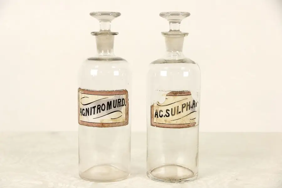 Photo of Pair Antique 1880's Apothecary Medical Drug Store Jars, Pink Labels