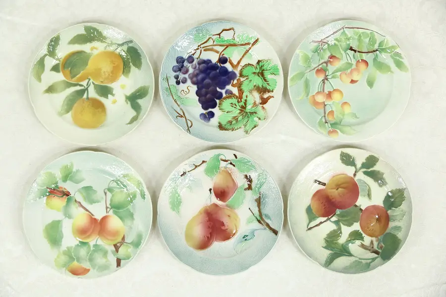 Photo of Set of Six Majolica Hand Painted Fruit Plates, 8 1/2", K. G. Clement France