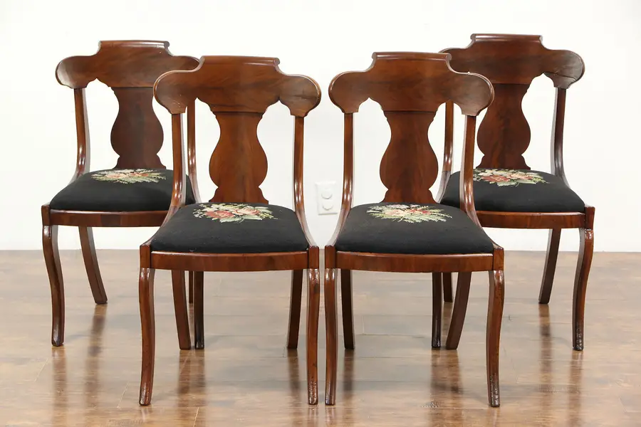 Photo of Set of 4 Empire 1830's Antique Dining or Game Table Chairs, Needlepoint