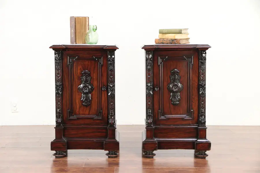 Photo of Pair of Italian Rosewood Antique Nightstands or End Tables, Marble Tops