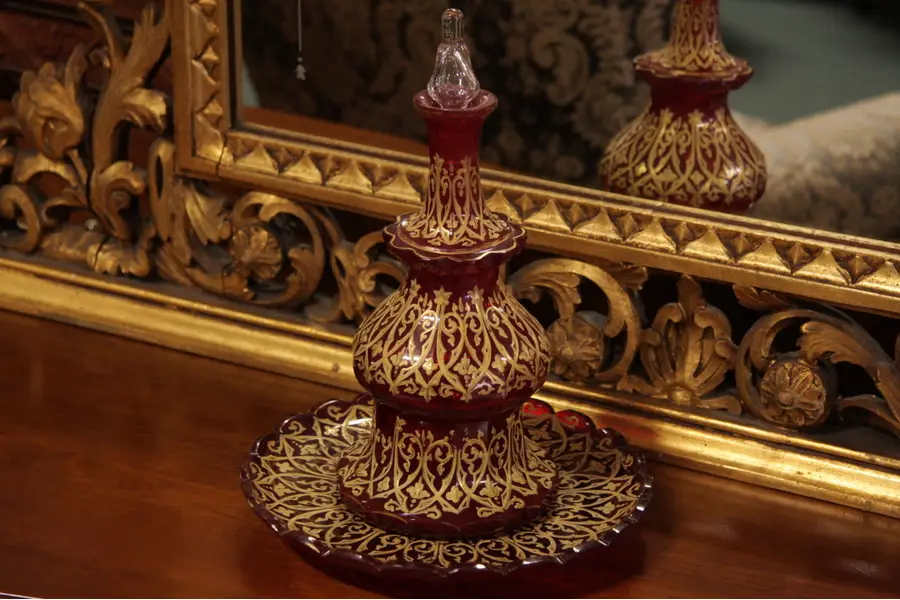 Photo of Bohemian Ruby Glass Decanter, Cream Bowl and Plate
