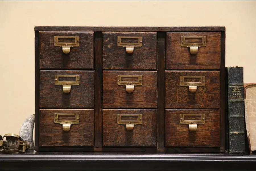 Table Top Card File Chest Oak 9 Drawer 1910 Antique Card File Cabinet
