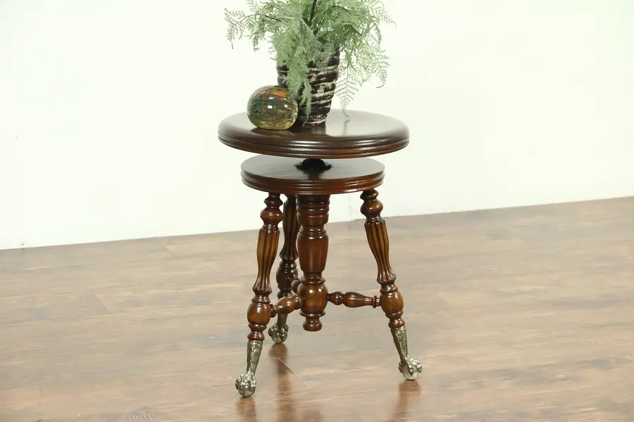 Photo of Victorian 1900 Antique Swivel Adjustable Piano or Organ Stool, Claw Feet