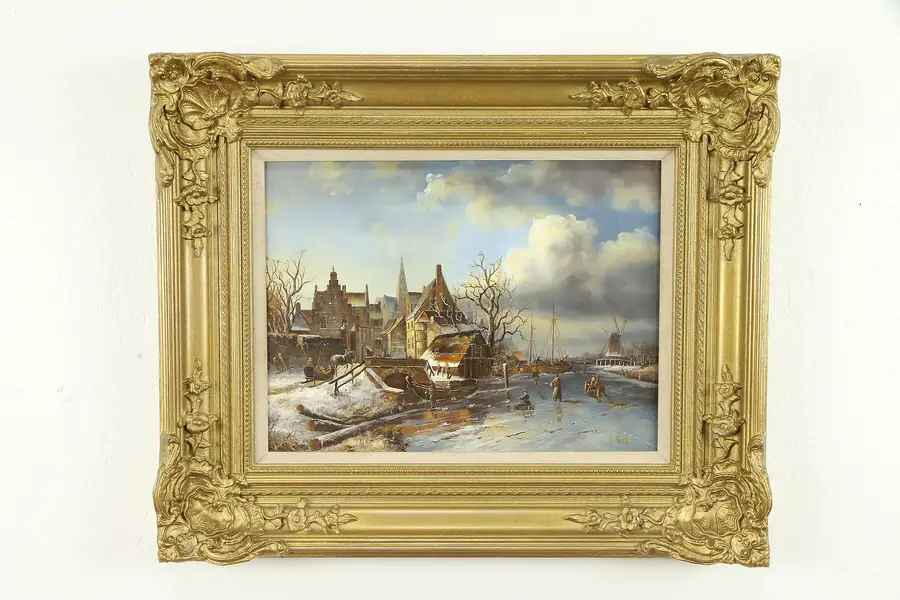 Photo of Dutch Winter Scene Vintage Original Oil Painting, Gold Frame, L. Roth