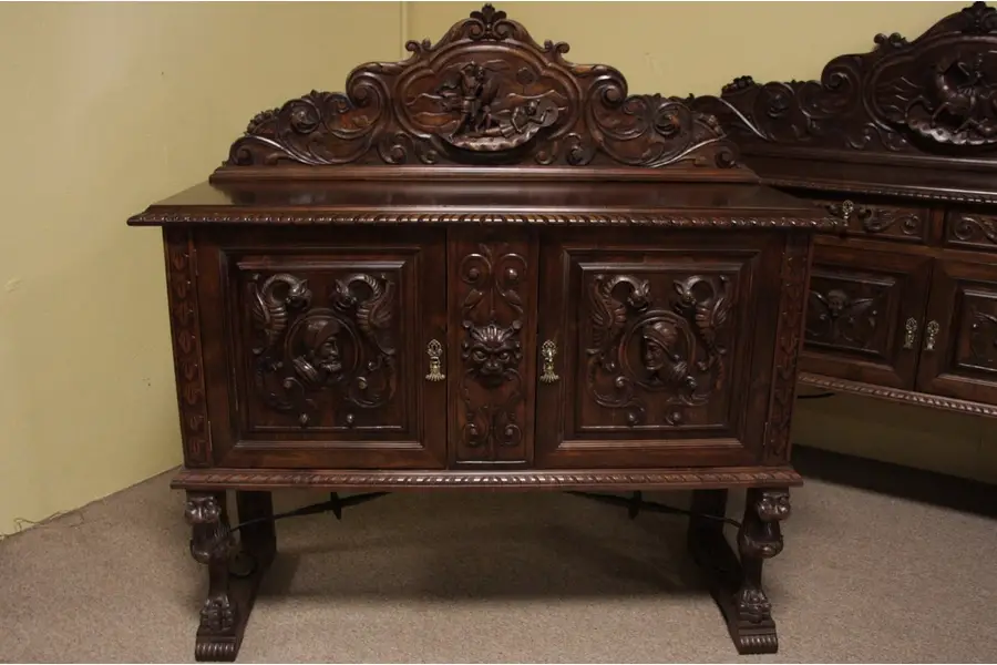 Photo of Antique Spanish Huntboard Sideboard w Carved Knights