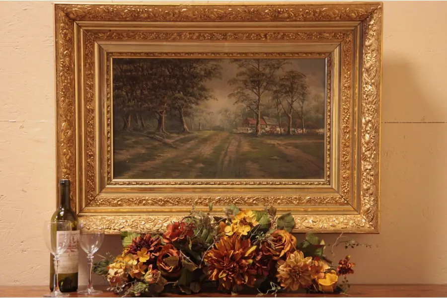 Photo of Country Road & Farm Oil Painting, Gold Frame