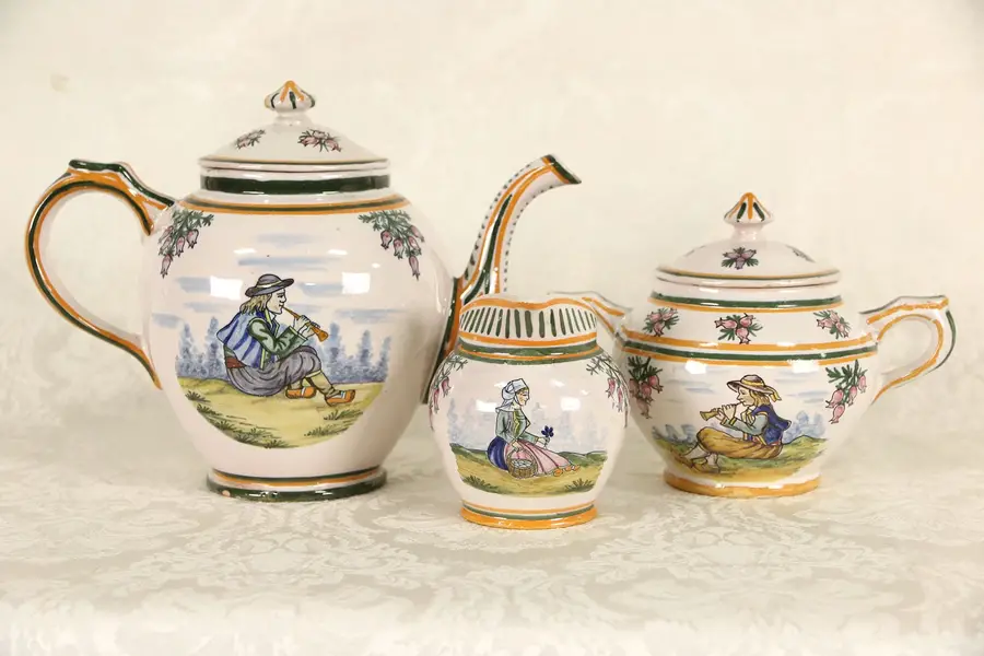 Photo of Quimper 3 Piece Tea Set, Hand Painted & Signed, Brittany, France