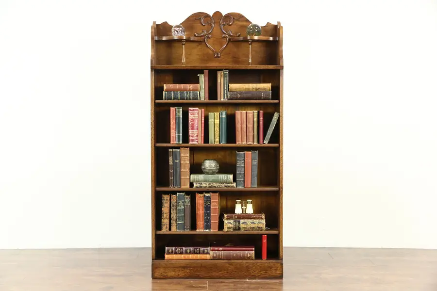 Photo of Victorian 1900 Antique Carved Oak Bookcase or Bath Cabinet, Adjustable Shelves