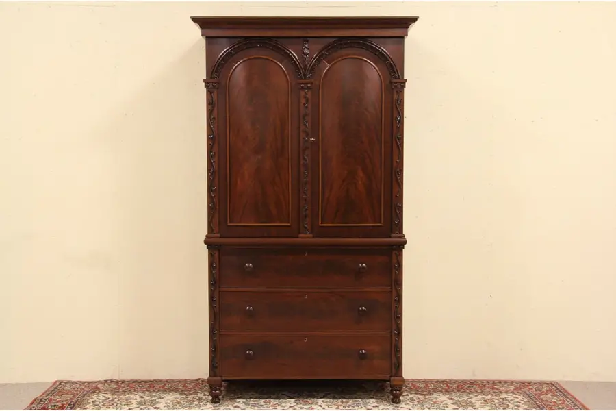 Photo of Carved Antique 1870 Linen Press Armoire