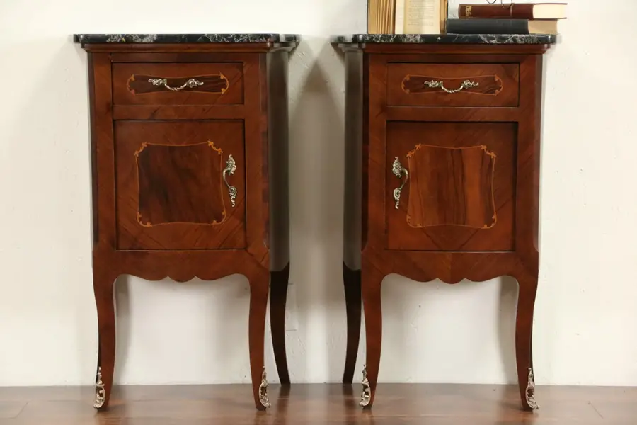 Photo of Italian Pair of Rosewood 1900 Antique Nightstands or Endtables, Marble Tops