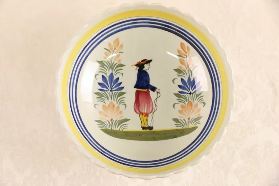 Photo of Henrit Quimper Signed Scalloped Edge Serving Bowl, Hand Painted Brittany, France