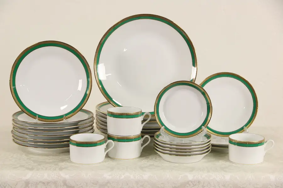 Photo of Richard Ginori Italy China Partial Set, 27 Pieces Green & Gold