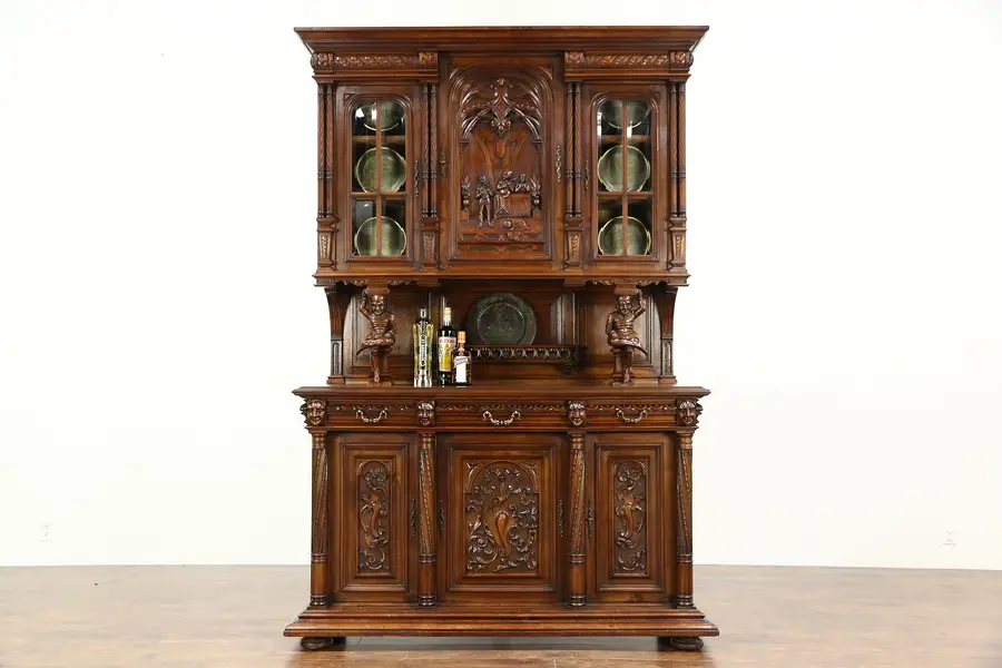 Photo of Royal Danish Court 1890 Antique Jester Cabinet, Hand Carved Walnut Sculptures