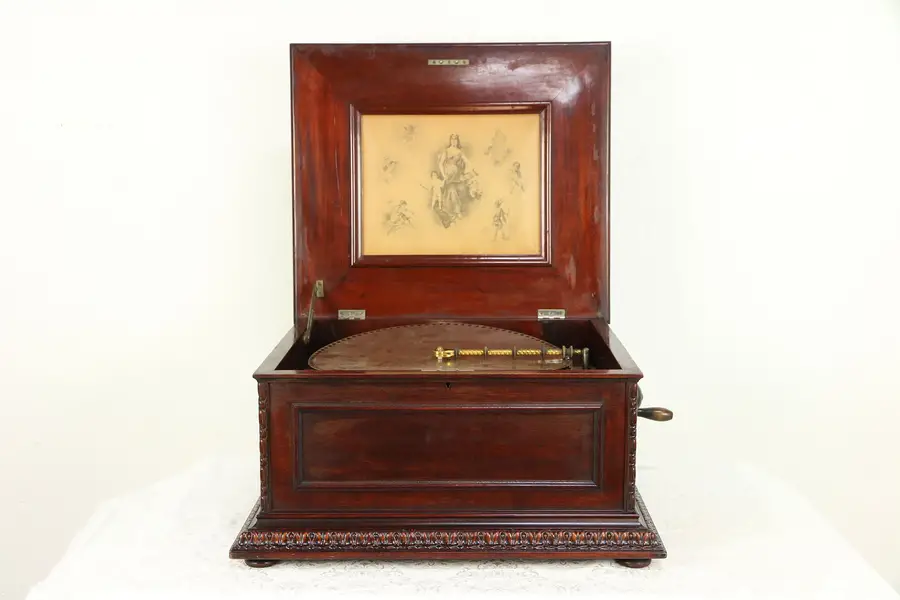 Photo of Regina Antique Double Comb Mahogany Music Box, 10 Discs 15 1/2"
