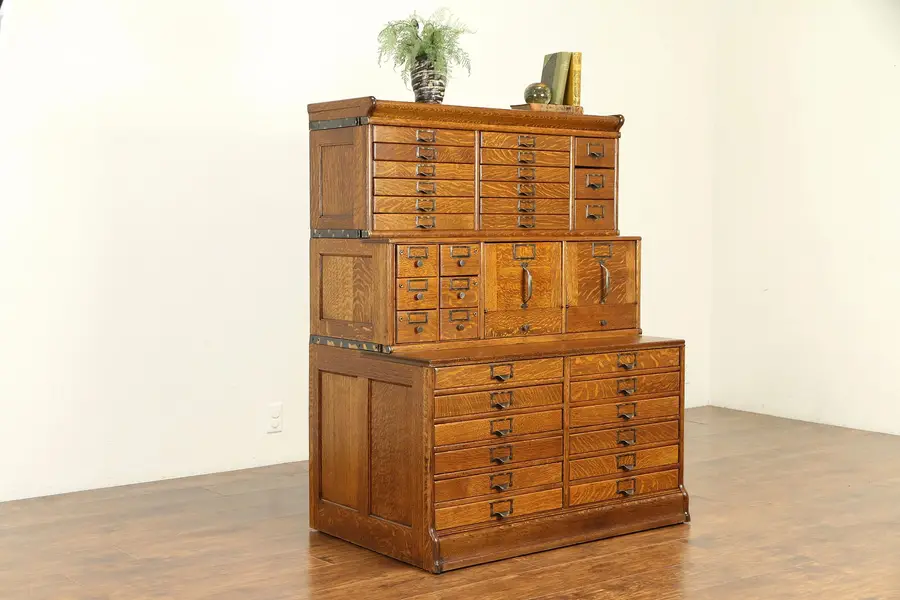 Photo of Oak Antique Stacking 35 Drawer File Cabinet, Map or Document Chest