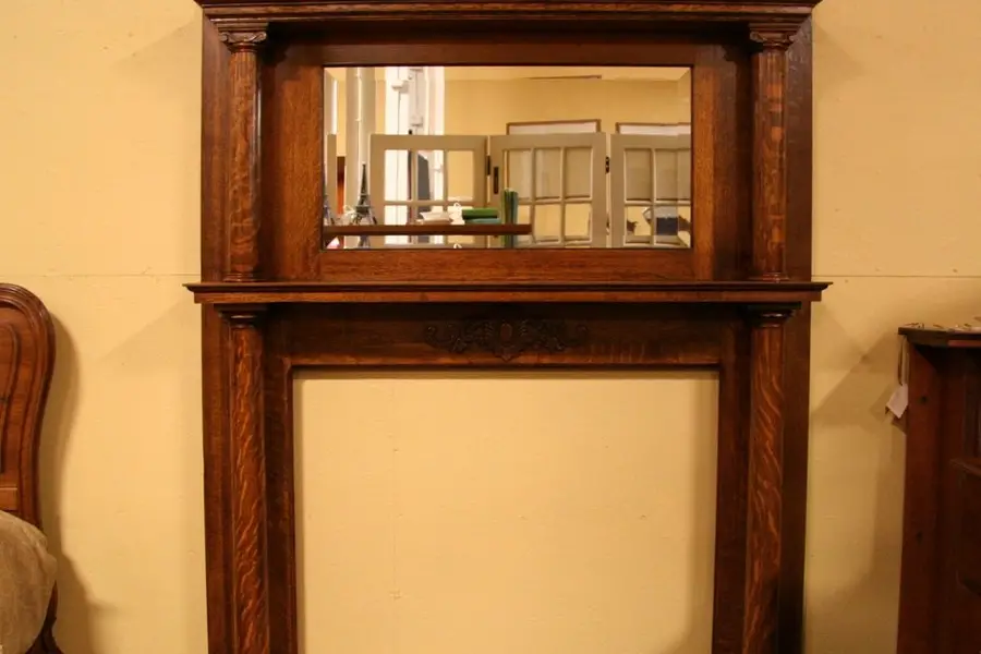 Photo of Oak Fireplace Mantel, Beveled Mirror, Columns c 1900