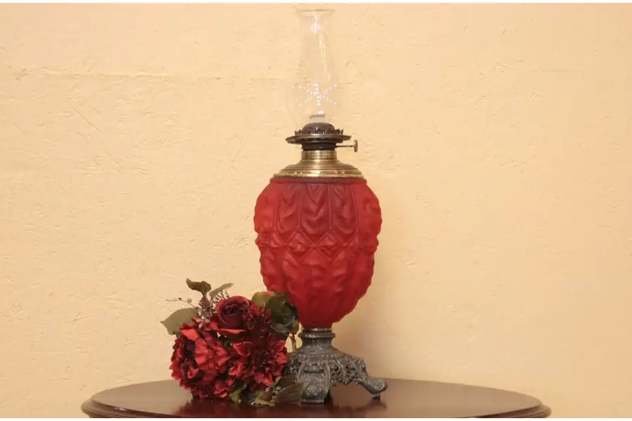 Photo of Red Satin Glass Antique Victorian Oil Lamp
