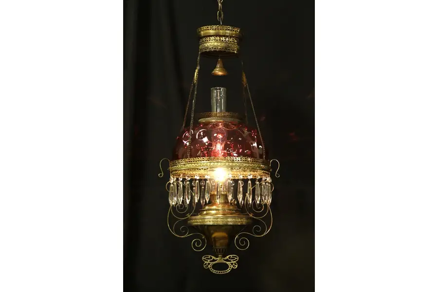 Photo of Victorian Hanging Brass & Cranberry Glass Lamp