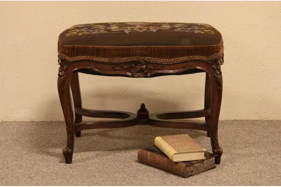 Photo of Carved 1920 Antique Footstool, Needlepoint & Petitpoint