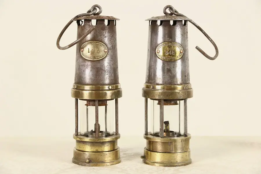 Photo of Pair of 1900 Antique Coal Miner Oil Lanterns, Signed Patterson Lamp England