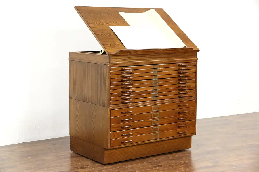 Photo of Stacking Oak 15 Drawer Vintage Map or Artist Document File, Lift Top